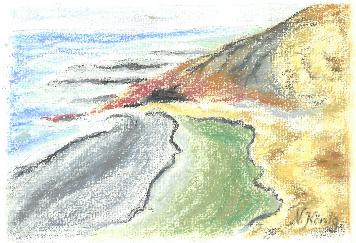 30 Fuerteventura, Bucht an einem Vulkankegel (Aquarellkreide 2006)