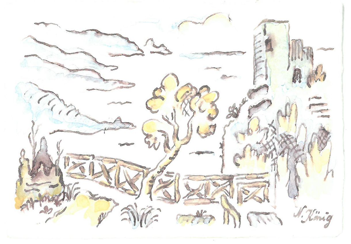 24 Mallorca, Nordküste mit Wachturm (Federzeichnung aquarelliert 1007)