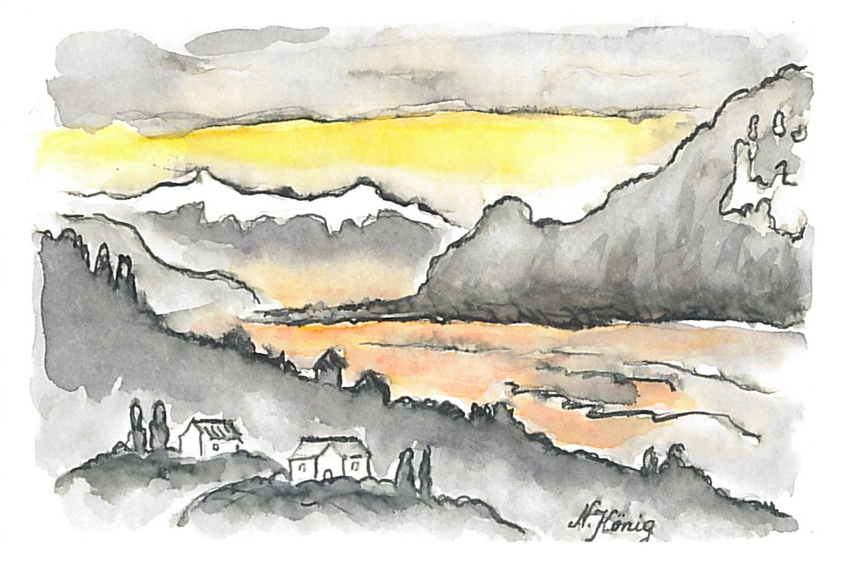 12 Föhnstimmung am Genfer See (Federzeichnung aquarelliert 1997